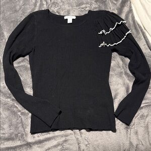 White House Black Market Black Ribbed Long Sleeve Top with White Trim Ruffles